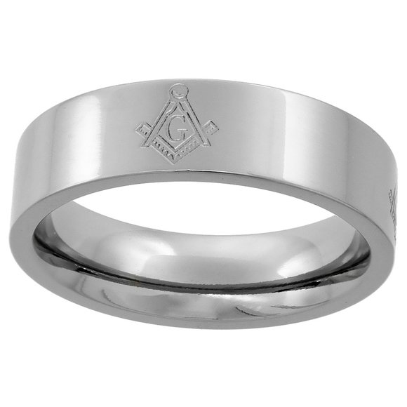 6mm Titanium Wedding Band Masonic Ring Square and Compass Symbol Flat - Picture 1 of 9